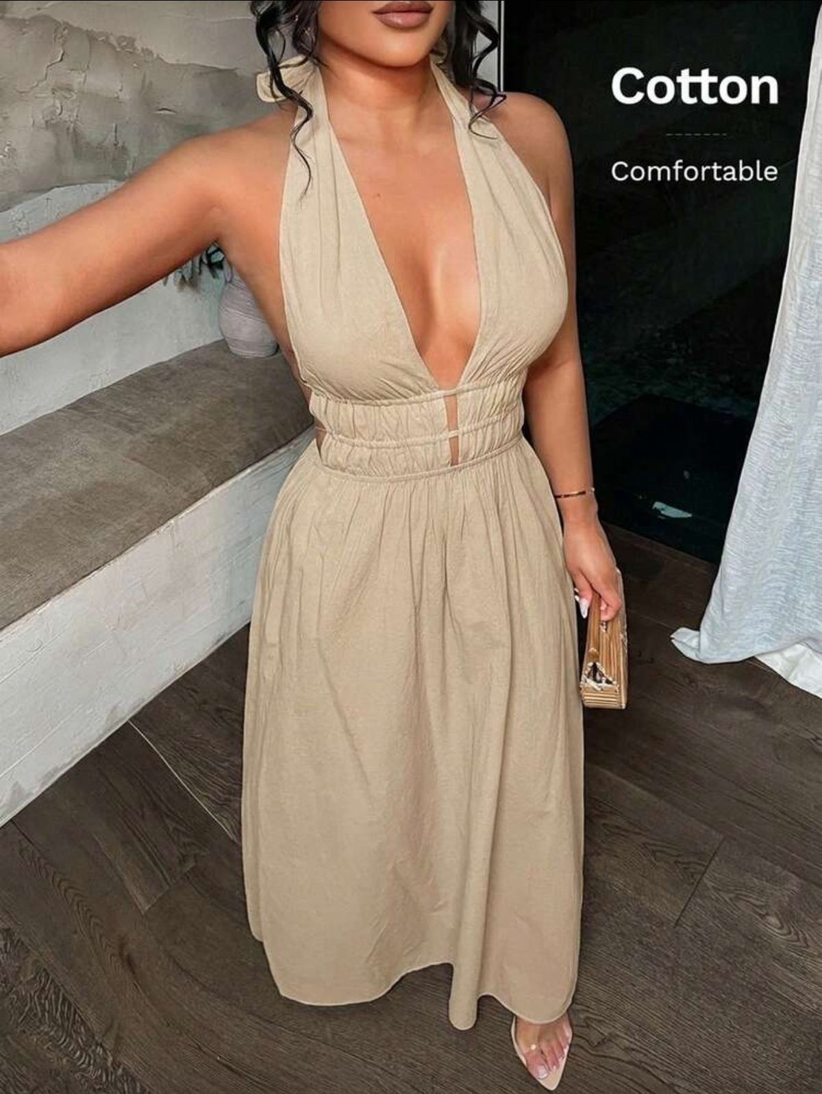 Robe Midi Halter Col Plongeant – Coton Beige Sable