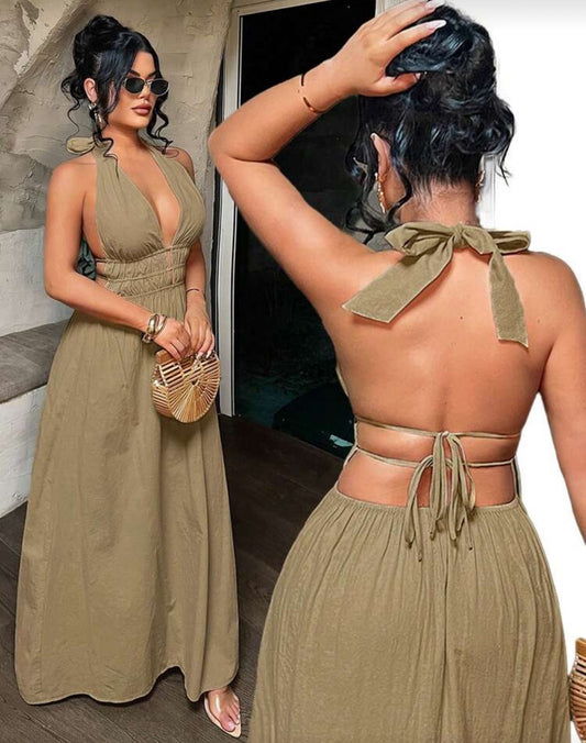 Robe Midi Halter Col Plongeant – Coton Beige Sable